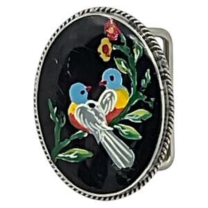 Hand painted Philippines Lovebirds Belt Buckle Ladies Vintage Collectible
